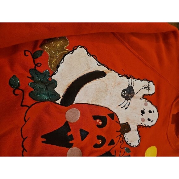 VTG 80s Jerzees Cat Halloween Orange Sweatshirt Adult XL Sweater Glitter Ghost - Picture 4 of 8